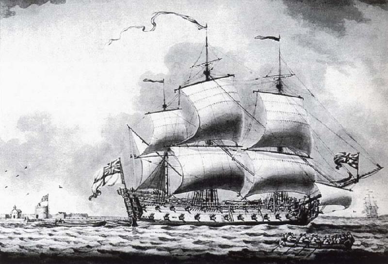 Francis Swaine A drawing of a British two-decker off Calshot Castle